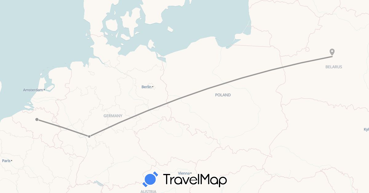 TravelMap itinerary: driving, plane in Belgium, Belarus, Germany (Europe)