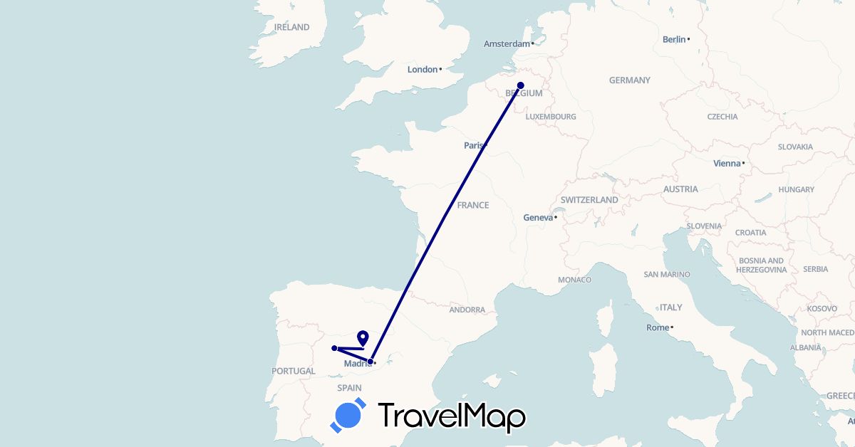 TravelMap itinerary: driving in Belgium, Spain (Europe)